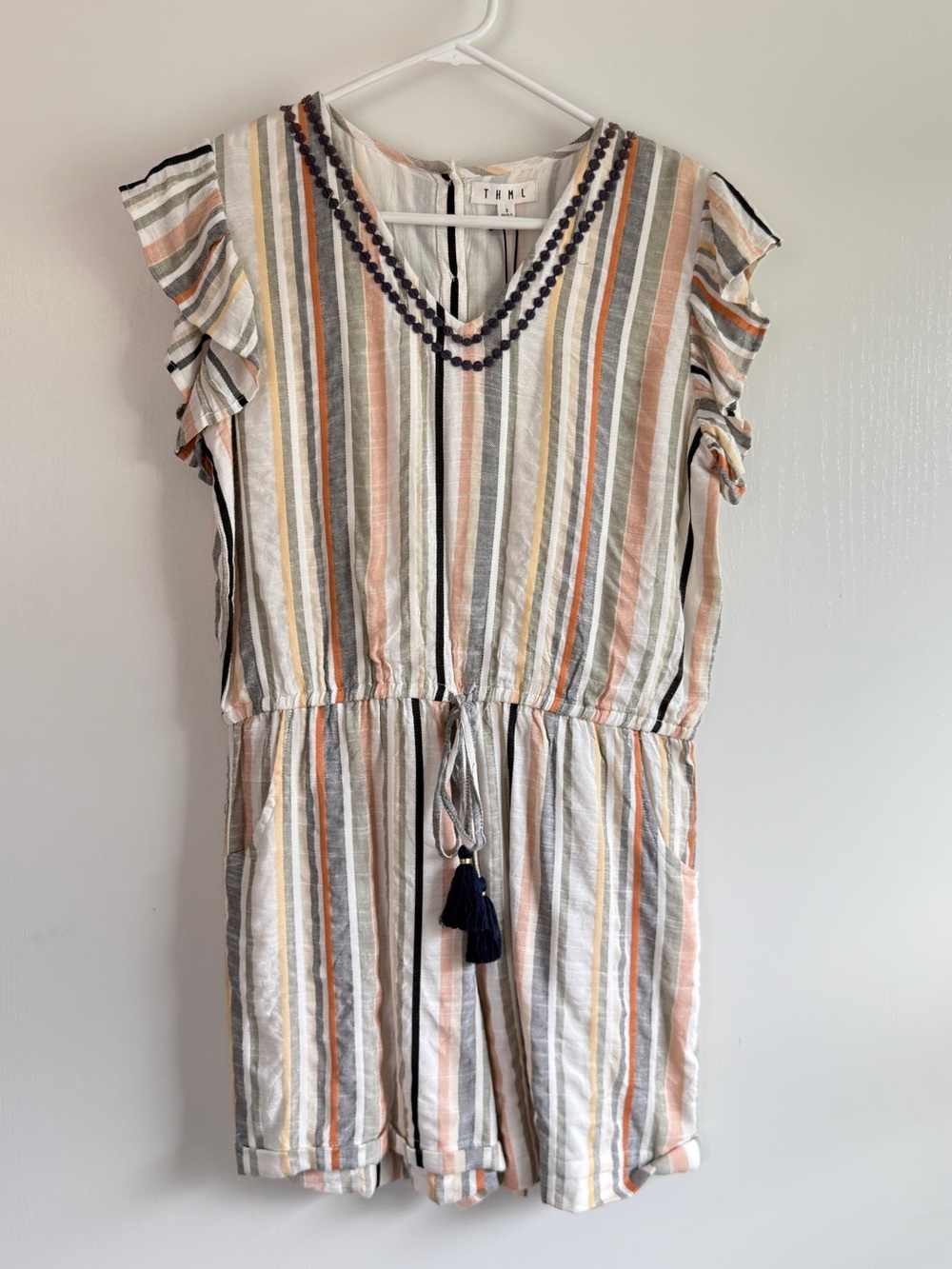 THML Striped Tassel Shorts Romper in Peach, Gray & Cream 100% Cotton Size S